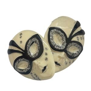 Vintage Harlequin Theater Mask Stud Earrings Cream Black Silver Glitter Resin
